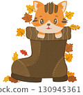 Cute cartoon cat inside autumn boot filled with leaves, isolated PNG illustration 130945361