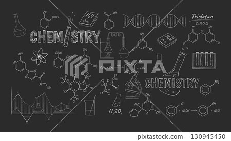 Chalkboard Chemistry Doodles with Formulas and Equipment 130945450