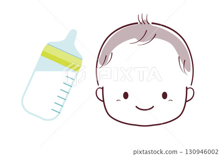 微笑的嬰兒和嬰兒奶瓶的插圖 130946002