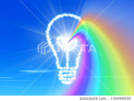 3d illustration of a light bulb shaped cloud floating in the blue sky and a rainbow over the sun in the concept of an idea 3d illustration of a light bulb shaped cloud floating in the blue sky and a rainbow over the sun in the concept of an idea 130946030