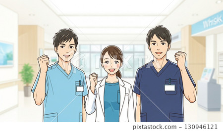 Three young medical professionals pumping their fists in the hospital lobby Three young medical professionals pumping their fists in the hospital lobby 130946121