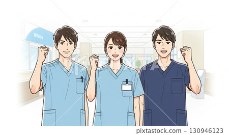 Three young medical professionals pumping their fists in the hospital lobby 130946123