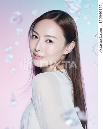 Image of a beautiful woman with a blue and pink gradient sparkling background 130946155