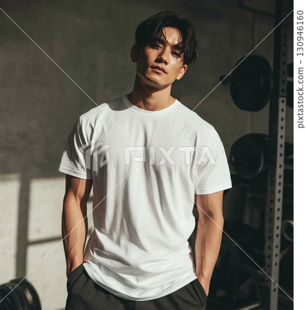 適合健身男士的白色T卹簡約風格 130946160