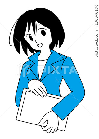 A smiling woman in a suit holding a laptop A smiling woman in a suit holding a laptop 130946170