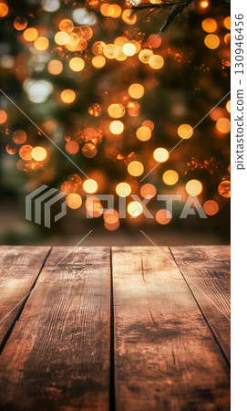 Rustic Wooden Table with Christmas Lights Bokeh Background 130946456