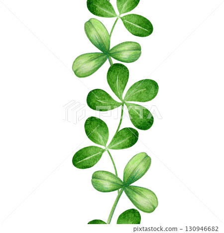 Green clover leaf seamless border decoration element. Hand drawn watercolor vintage style illustration. Green clover leaves floral decor isolated on white background 130946682