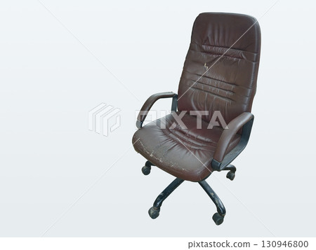 antique Office chair, brown leather seat, old, damaged, torn, on a white background. ancient, object, copy space 130946800