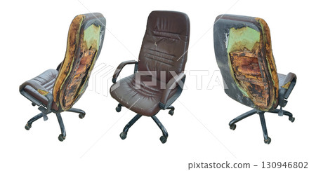old back and side and front three office chairs, brown leather seat, old, damaged, torn, on gradient background. ancient, object, copy space 130946802