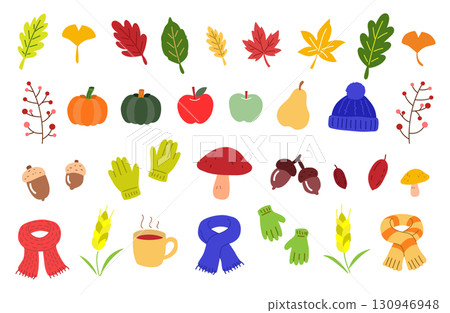 秋季物品套裝插圖（南瓜、落葉、橡實、圍巾等） 130946948