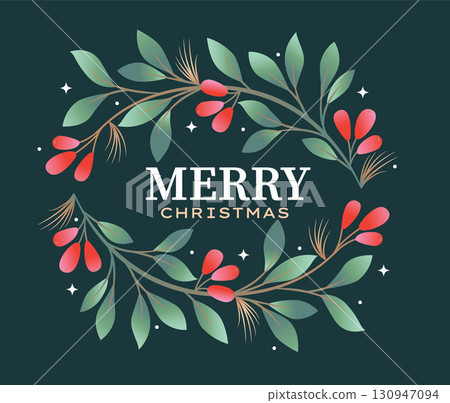 Christmas card with mistletoe, red berries and wishing happy holiday. Christmas traditional decoration. Template design for web, greetings, posters, banners, social media, sales. Vector illustration 130947094