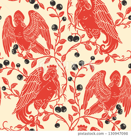 Seamless Vector Slavic Mythology Alkonost Bird-Woman Pattern , Vintage Folk Art Wallpaper Design with Ornamental Branches and Berries 130947098