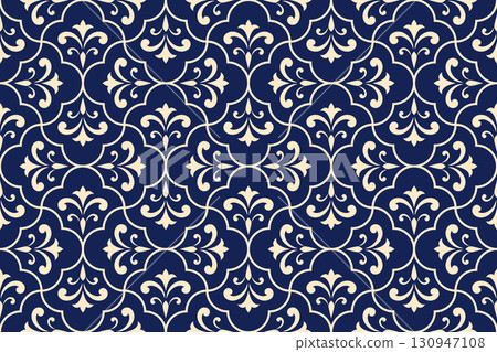 Flower geometric pattern. Seamless vector background. Golden and dark blue ornament 130947108