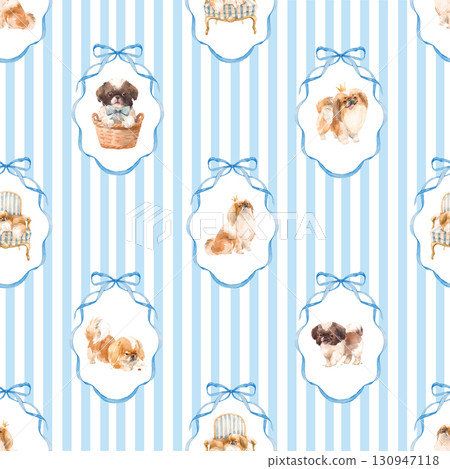 Seamless Striped Puppy Pattern , Cute Shih Tzu Dogs with Frames and Ribbons design Seamless Striped Puppy Pattern , Cute Shih Tzu Dogs with Frames and Ribbons design 130947118