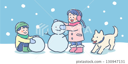 孩子和狗在雪地裡玩耍的插圖 130947131