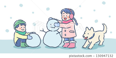 孩子和狗在雪地裡玩耍的插圖 130947132