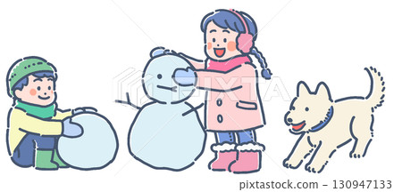 Illustration of children and dogs playing in the snow 130947133