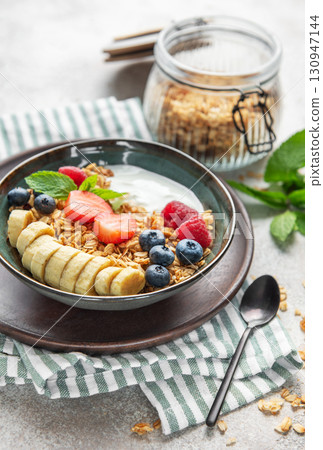 Healthy breakfast bowl with yogurt, granola, banana, and berries providing essential nutrients 130947144