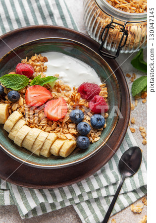 Healthy breakfast bowl with yogurt, granola, fresh berries and banana slices Healthy breakfast bowl with yogurt, granola, fresh berries and banana slices 130947145