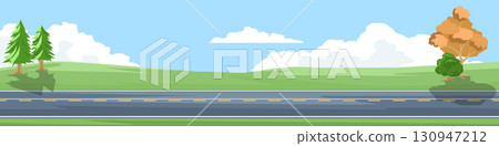Horizontal or landscape of smooth asphalt road. On the wide grassland on the hills. There were grasses and trees growing on both sides. Softe color of mountain and blue sky with white clouds. 130947212