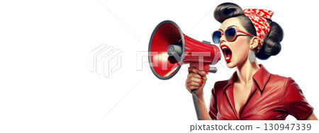 Illustration of a woman making an announcement with a megaphone 130947339
