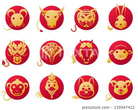 Red and Gold Chinese horoscope zodiac collection for Chinese New Year Red and Gold Chinese horoscope zodiac collection for Chinese New Year 130947422