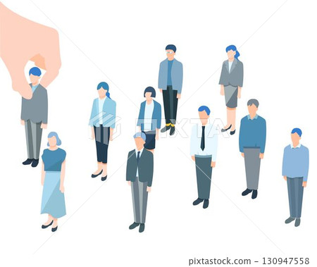 Vector illustration of a large hand picking up one person from among business people 130947558