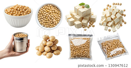 Soybean, soya soy bean, Glycine max legume seed plant pea vegetable, tofu beancurd bean curd, sealed packet foil, bowl, pile stack, hand hold can on transparent cutout PNG. Mockup template 130947612