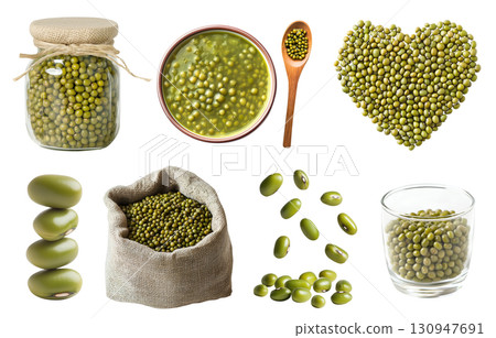 Mung moong bean, green gram, Vigna radiata legume seed plant pea vegetable, glass cup jar bottle, soup in bowl, heart love shape, burlap sack, pile stack on transparent cutout PNG. Mockup template 130947691
