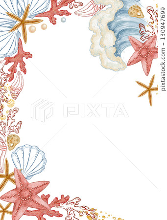 Vertical frame of blue wave and starfish in watercolor style. Hand drawn line art with pearl and coral in colored pencil sketch. Great for summer card template. Perfect for nautical coastal print. 130947699
