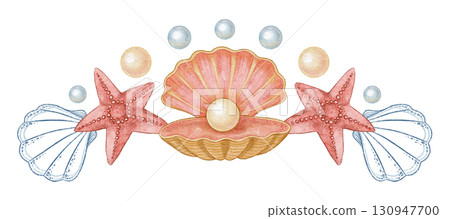 Red five pointed starfish and seashell with pearl watercolor design. Hand drawn line art with dots in colored pencil style. Great for summer travel card or holiday print. Perfect for coastal project. Red five pointed starfish and seashell with pearl watercolor design. Hand drawn line art with dots in colored pencil style. Great for summer travel card or holiday print. Perfect for coastal project. 130947700