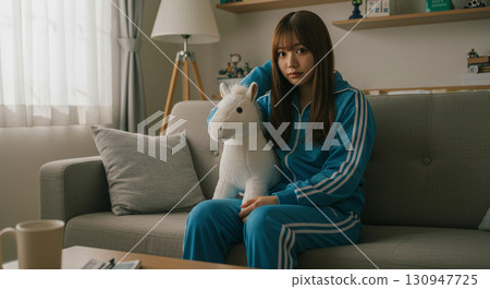 藍色球衣和獨角獸毛絨玩具 130947725