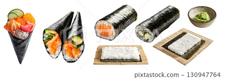 Collection set of Maki and Temaki hand roll wrapped sushi, wasabi, rice with nori seaweed sheet on bamboo mat, tuna salmon sashimi roe avocado on transparent cutout PNG. Mockup template 130947764