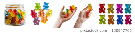 Gummy gummies jelly bear chewy sweet candy candies, many angles view, glass jar bottle, hand holding, dropping falling, pile stack on transparent cutout PNG. Mockup template 130947765