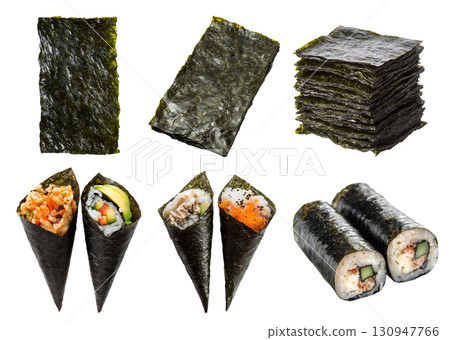 Collection of Maki and Temaki hand roll wrapped sushi with, set of nori seaweed sheet, tuna salmon sashimi roe avocado on transparent cutout PNG. Mockup template 130947766