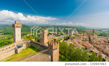 Bird's-eye view of a medieval city with towers 130947863