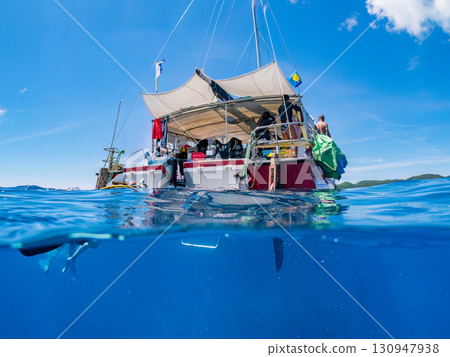 一艘雙體遊艇潛水遊輪的部分水下照片。美麗的珊瑚礁和成群的熱帶魚。沖繩縣島尻喀拉 130947938