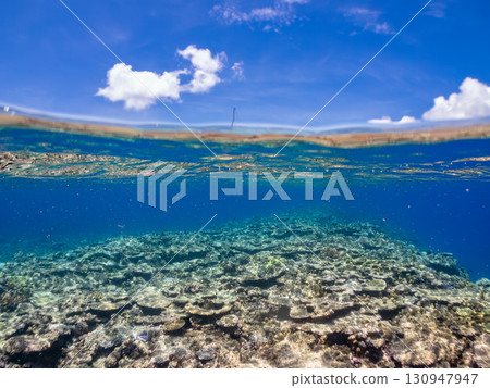 Partially submerged shot of a catamaran yacht diving cruise ship. Beautiful coral reefs and schools of tropical fish. Kera, Shimajiri District, Okinawa Prefecture 130947947