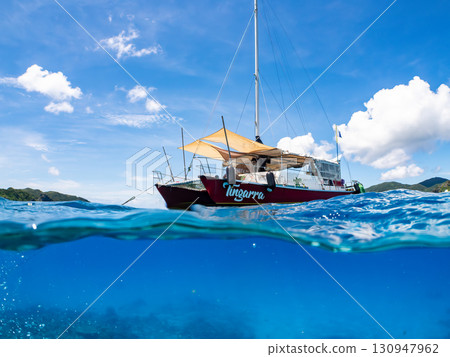 Partially submerged shot of a catamaran yacht diving cruise ship. Beautiful coral reefs and schools of tropical fish. Kera, Shimajiri District, Okinawa Prefecture Partially submerged shot of a catamaran yacht diving cruise ship. Beautiful coral reefs and schools of tropical fish. Kera, Shimajiri District, Okinawa Prefecture 130947962