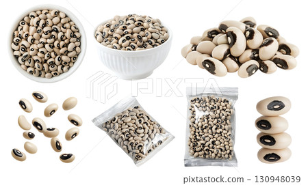 Black-eyed bean, cowpea, legume seed plant pea vegetable, many angles view, white bowl, sealed packet pack foil, fly scatter pile stack isolated on transparent cutout PNG. Mockup template 130948039