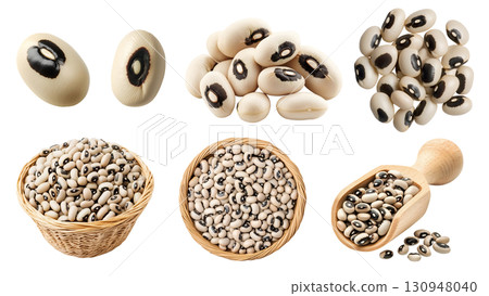 Black-eyed bean, cowpea, legume seed plant pea vegetable, many angles view, basket, wooden scoop, cluster pile stack isolated on transparent cutout PNG. Mockup template 130948040