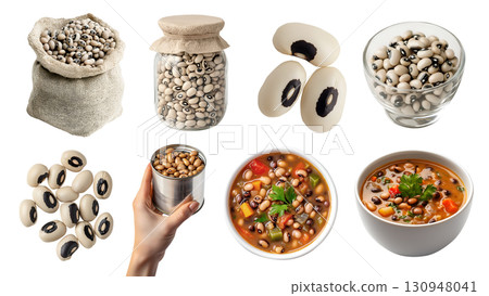 Black-eyed bean, cowpea, legume seed plant pea vegetable, angles view, glass jar bottle cup, cooked gravy, hand hold can, burlap gunny sack, pile group on transparent cutout PNG. Mockup template 130948041