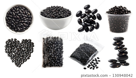 Black turtle bean, Phaseolus vulgaris legume seed plant pea vegetable, many angles view, white bowl, sealed packet pack foil, plastic cup, heart love shape, transparent cutout PNG. Mockup template 130948042