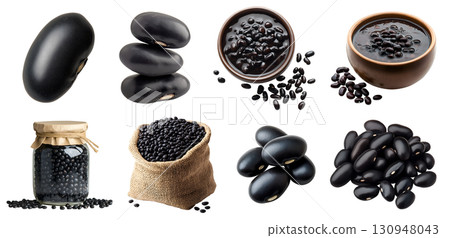 Black turtle bean, Phaseolus vulgaris legume seed plant pea vegetable, many view, glass jar bottle, cooked gravy, burlap gunny sack, pile stack on transparent cutout PNG. Mockup template 130948043