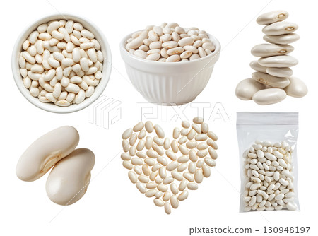 White bean, cannellini navy haricot jigna Boston legume seed plant pea vegetable, white bowl, sealed packet pack foil, heart love shape, stack on transparent cutout PNG. Mockup template 130948197