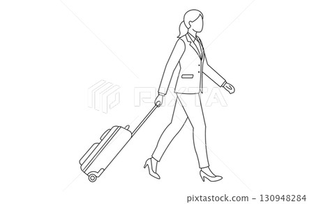 圖示插圖：一個女人拉著行李箱，讓人想起商務旅行或旅行 130948284