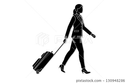 圖示插圖:一個女人拉著行李箱,讓人想起商務旅行或旅行 圖示插圖:一個女人拉著行李箱,讓人想起商務旅行或旅行 130948286
