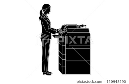 Icon illustration of an office woman operating a copy machine 130948290