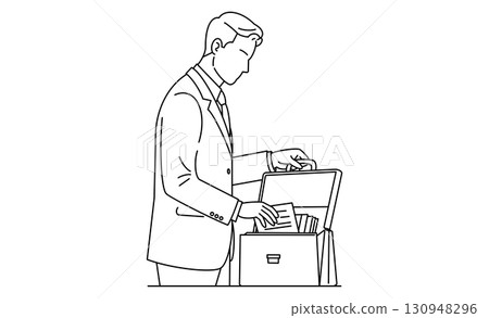 A line drawing icon of a businessman storing documents and papers in his bag A line drawing icon of a businessman storing documents and papers in his bag 130948296