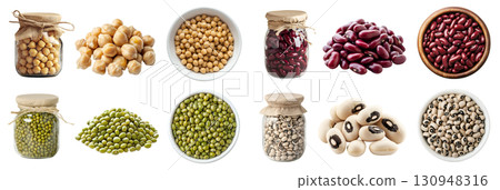 Collection of 4 set of legume seed plant bean, Chickpea chick pea, Black-eyed cowpea, Mung moong green gram, Kidney red bean, pile stack, glass jar, bowl on transparent cutout PNG. Mockup template Collection of 4 set of legume seed plant bean, Chickpea chick pea, Black-eyed cowpea, Mung moong green gram, Kidney red bean, pile stack, glass jar, bowl on transparent cutout PNG. Mockup template 130948316